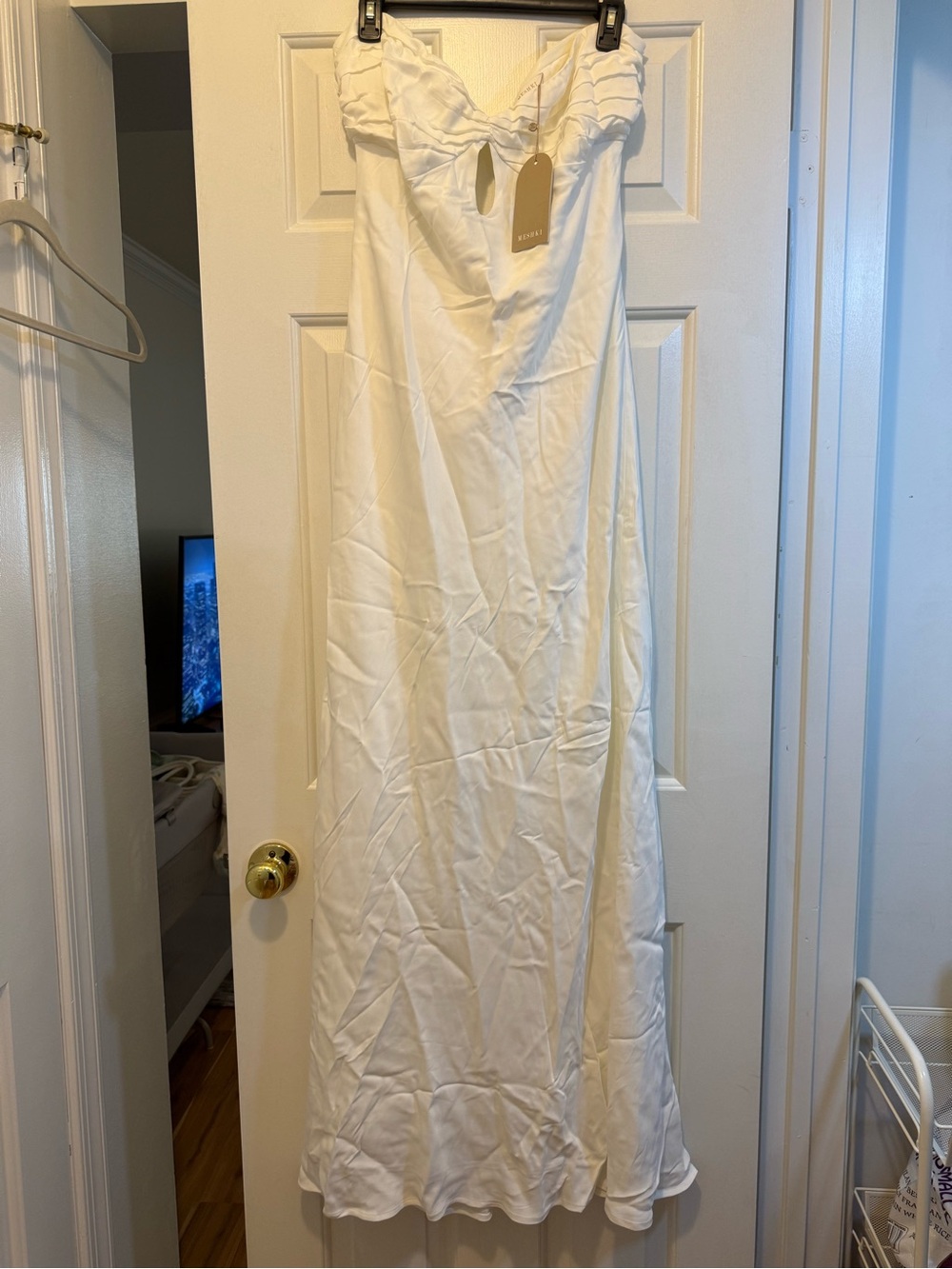 Meshki White Strapless Satin Maxi Dress